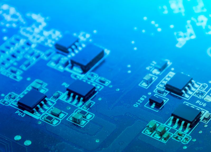 A circuit board photographed underwater in blue light