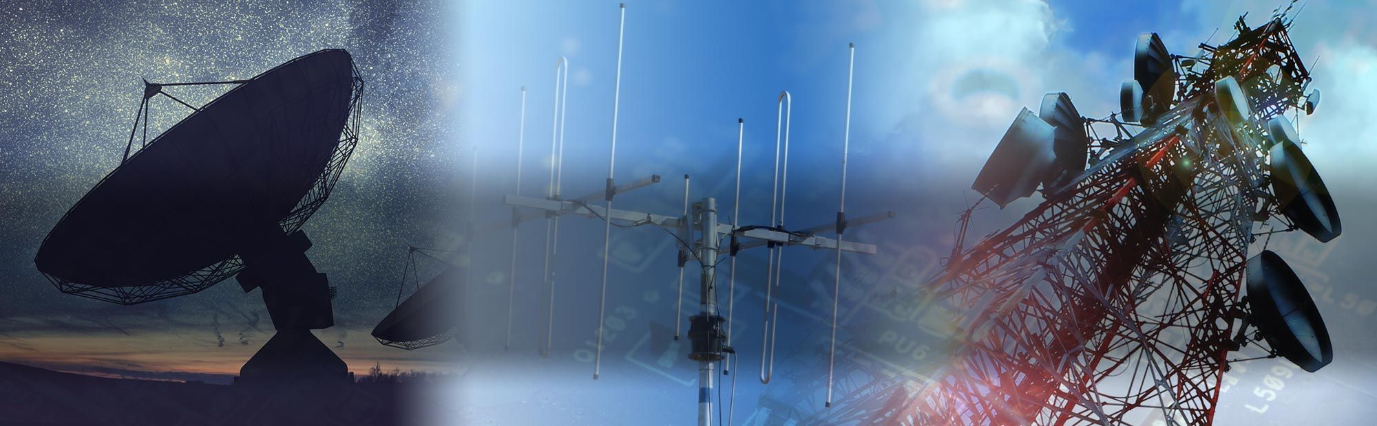 A radio telescope dish, a Yagi antenna array and a communications tower against a starry sky